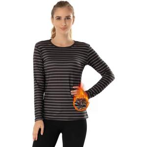 MANCYFIT Womens Thermal Tops Fleece Lined Shirt Long Sleeve Base Layer(Striped-black)