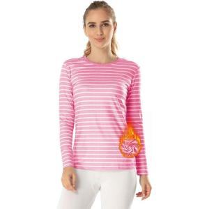 MANCYFIT Womens Thermal Tops Fleece Lined Shirt Long Sleeve Base Layer(Striped-light Pink)
