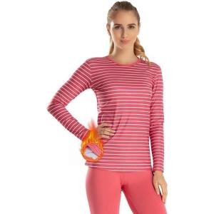 MANCYFIT Womens Thermal Tops Fleece Lined Shirt Long Sleeve Base Layer(Striped-pink)