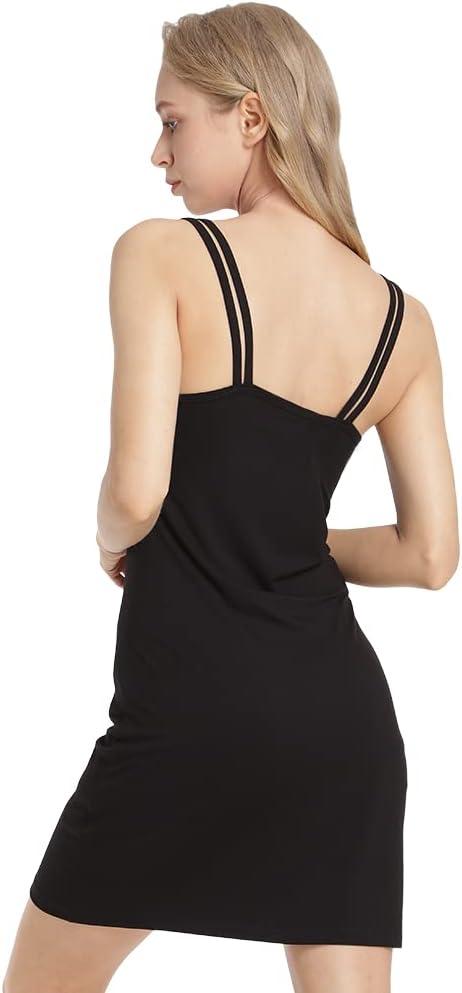 imageMANCYFIT Slip Dress Full Slip for Women Under Dress Double Spaghetti Straps Rayon Sleeveless Cami Dress NightgownBlack