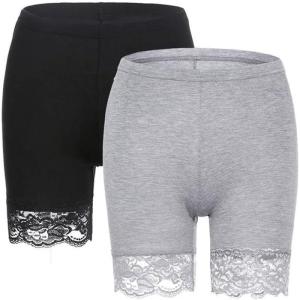 MANCYFIT Womens Slip Shorts for Under Dresses Anti Chafing Lace Undershorts Plus Size Short Leggings 2 Pack Black/Gray Small
