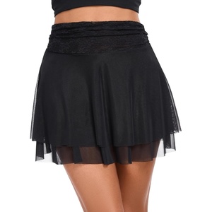 MANCYFIT Y2K Mini Skirt Lace Mesh Ruffle Skirt for Women Short Skort Layered Half Slip(Black)
