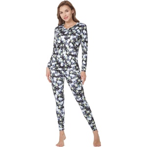 MANCYFIT Womens Thermal Underwear Long Johns Set with Fleece Lined Ultra Soft V Neck(Flower Black)