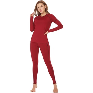 MANCYFIT Thermal Underwear for Women Long Johns Thermal Sets Contrast Color Stitching Base Layer Women Cold Weather(Wine Red and Black Lines)